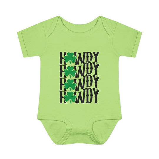 Howdy Lucky Onesie: Green baby bodysuit featuring black text and shamrock design, made from soft, 100% ring-spun cotton for comfort.