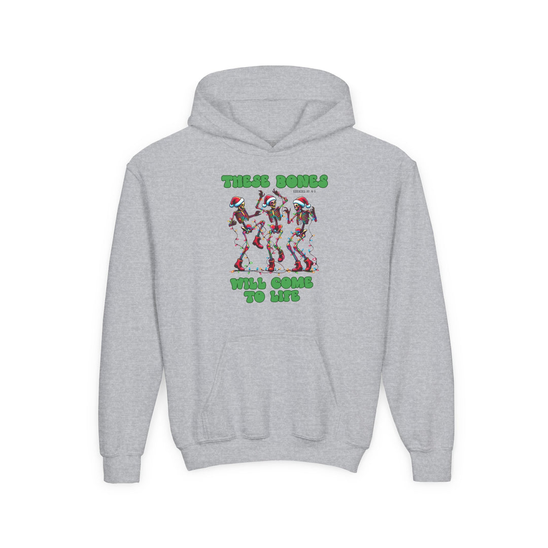Bones Come to Life Youth Hoodie featuring dancing skeletons in Santa hats and Christmas lights, with a biblical reference for a festive, humorous touch.