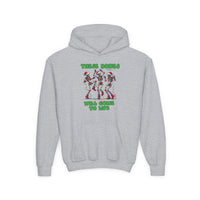Bones Come to Life Youth Hoodie featuring dancing skeletons in Santa hats and Christmas lights, with a biblical reference for a festive, humorous touch.