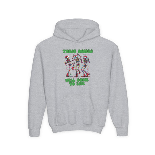 Bones Come to Life Youth Hoodie featuring dancing skeletons in Santa hats and Christmas lights, with a biblical reference for a festive, humorous touch.