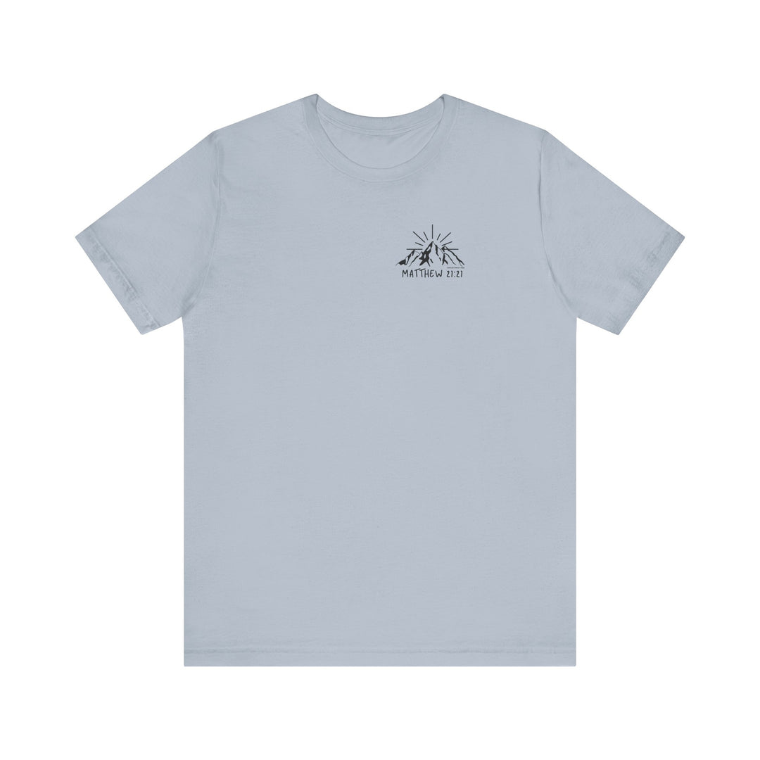 A white t-shirt featuring a mountain logo, embodying the Faith Can Move Mountains Tee from Worlds Worst Tees. Unisex jersey tee with ribbed knit collars, 100% Airlume combed cotton, and a retail fit.