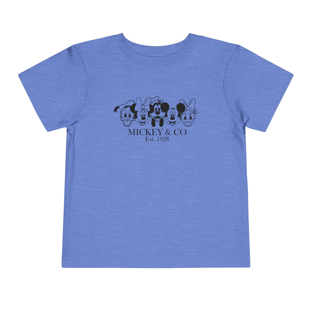 Mickey & CO Toddler Tee: A comfortable, 100% cotton short sleeve t-shirt for toddlers with a tear-away label, perfect for daily wear.