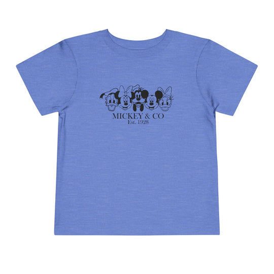 Mickey & CO Toddler Tee: A comfortable, 100% cotton short sleeve t-shirt for toddlers with a tear-away label, perfect for daily wear.