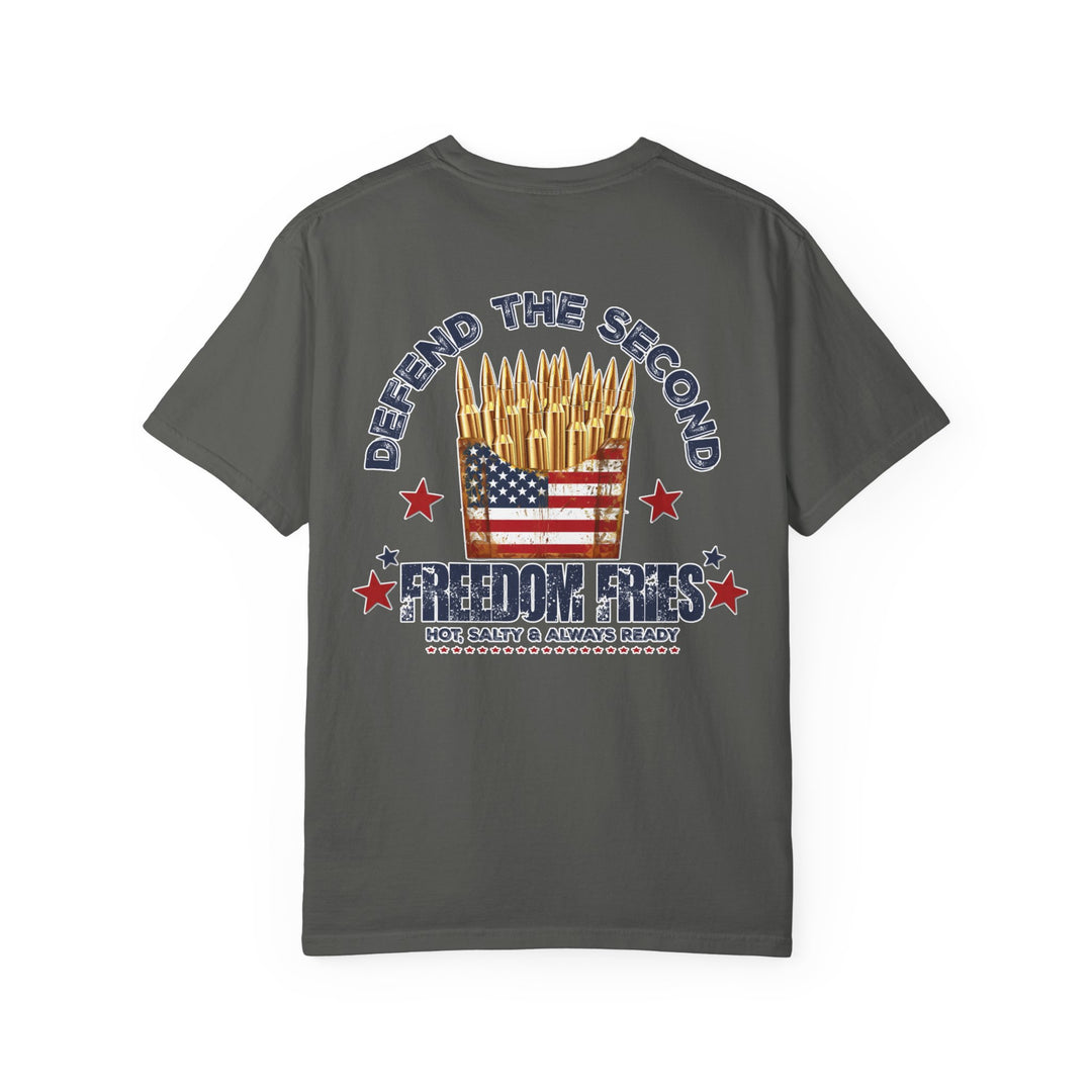 Defend the 2nd Tee: A durable, relaxed fit t-shirt made from 100% ring-spun cotton, featuring double-needle stitching and a classic crew neckline.