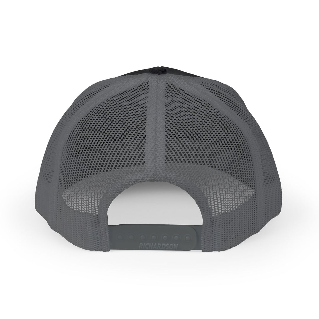 Back view of the John 3:16 Snapback Trucker Cap, featuring a charcoal mesh design with a plastic snap closure labeled RICHARDSON.