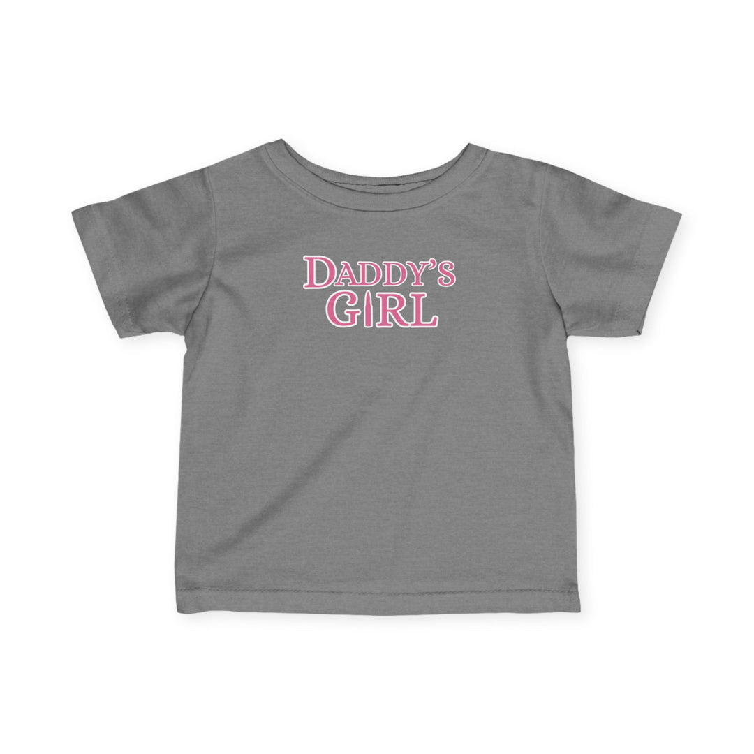 Daddy's Girl Baby Tee, a grey, short-sleeved infant t-shirt featuring pink writing, designed for comfort and durability with ribbed knitting and taped shoulders.