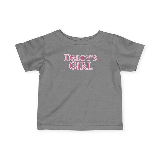 Daddy's Girl Baby Tee, a grey, short-sleeved infant t-shirt featuring pink writing, designed for comfort and durability with ribbed knitting and taped shoulders.