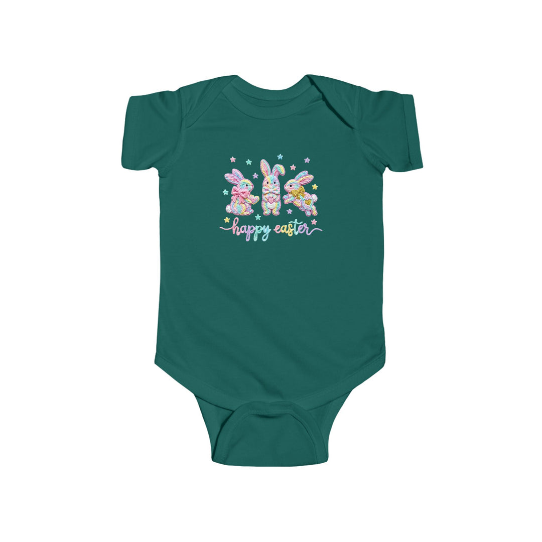 Easter Bunny Onesie featuring pastel bunnies and stars, with happy easter text. Crafted from soft, durable cotton with easy-access snaps for changing.
