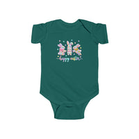 Easter Bunny Onesie featuring pastel bunnies and stars, with happy easter text. Crafted from soft, durable cotton with easy-access snaps for changing.