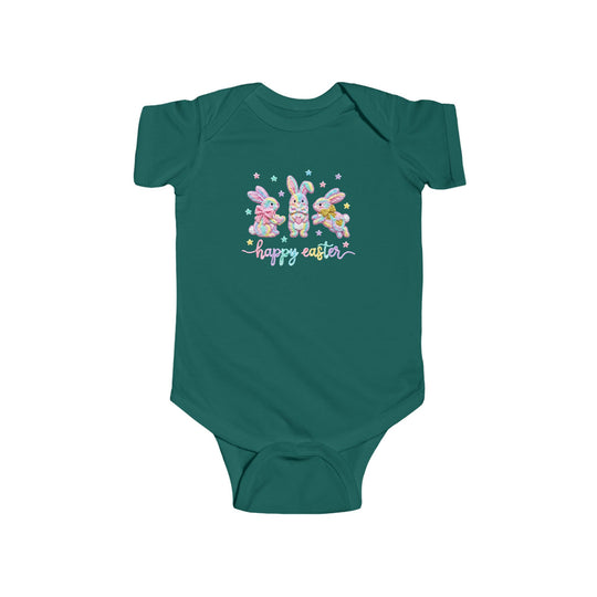 Easter Bunny Onesie featuring pastel bunnies and stars, with happy easter text. Crafted from soft, durable cotton with easy-access snaps for changing.