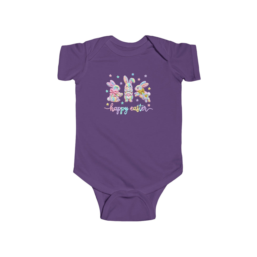 Easter Bunny Onesie featuring three pastel bunnies and happy easter text, crafted from soft, durable cotton with ribbed bindings and snap closures for easy changing.