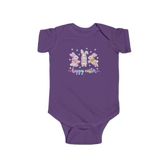Easter Bunny Onesie featuring three pastel bunnies and happy easter text, crafted from soft, durable cotton with ribbed bindings and snap closures for easy changing.