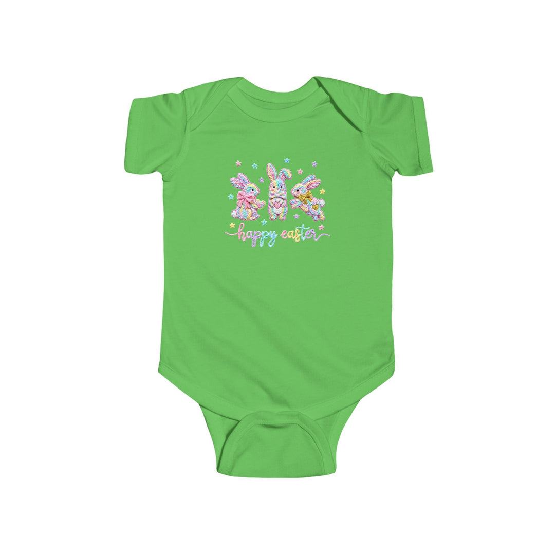 Easter Bunny Onesie with pastel bunnies and happy easter script, designed for comfort and durability with soft cotton and easy-change snaps.