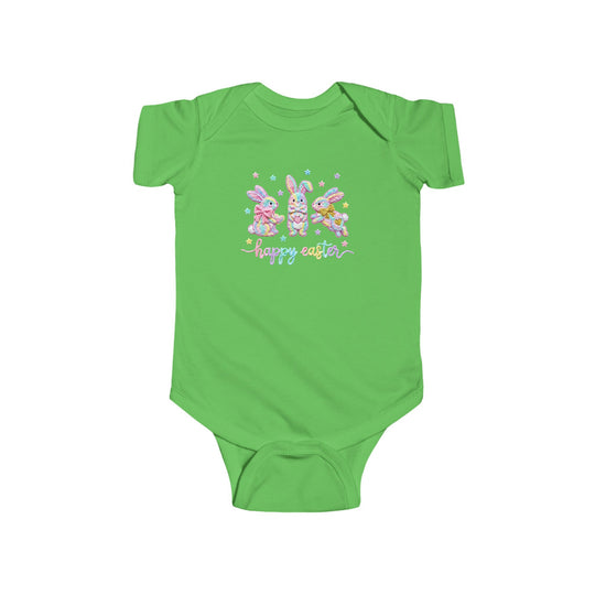 Easter Bunny Onesie with pastel bunnies and happy easter script, designed for comfort and durability with soft cotton and easy-change snaps.