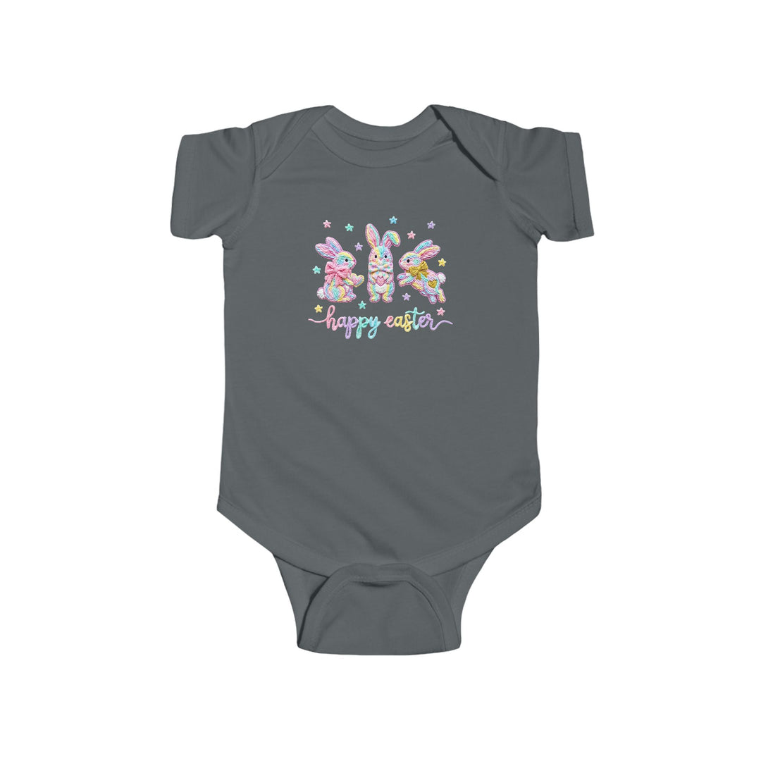 Easter Bunny Onesie: Gray short-sleeve baby onesie with colorful bunnies and happy easter text, featuring durable cotton fabric and convenient snap closures for easy changing.