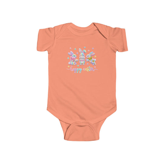 Easter Bunny Onesie featuring pastel bunnies and happy easter text, snap closure, soft coral/peach color, ideal for infants. Perfect blend of comfort and style.