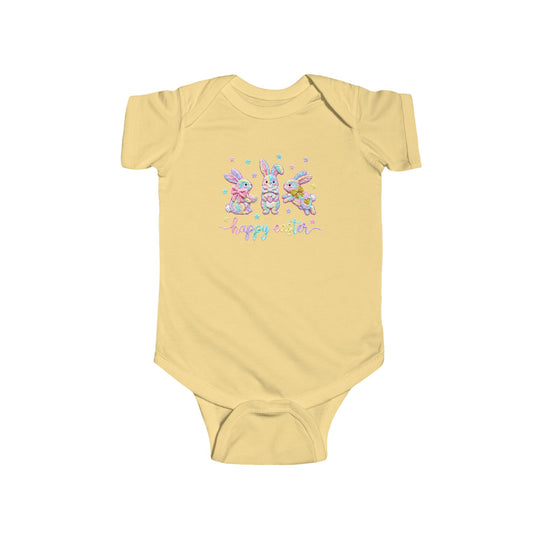 Easter Bunny Onesie with pastel bunnies and stars, happy easter text, designed for infants. Soft, durable cotton, easy-snap closure for changing.
