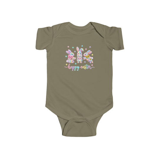 Easter Bunny Onesie featuring pastel bunnies and stars on olive-green fabric, offering softness and durability with ribbed knitting and snap closures for easy changing.