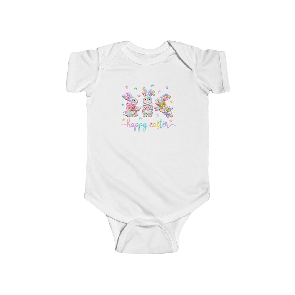 Easter Bunny Onesie with pastel bunnies and stars, featuring Happy Easter in rainbow script, made of soft, durable cotton with easy-change snaps.