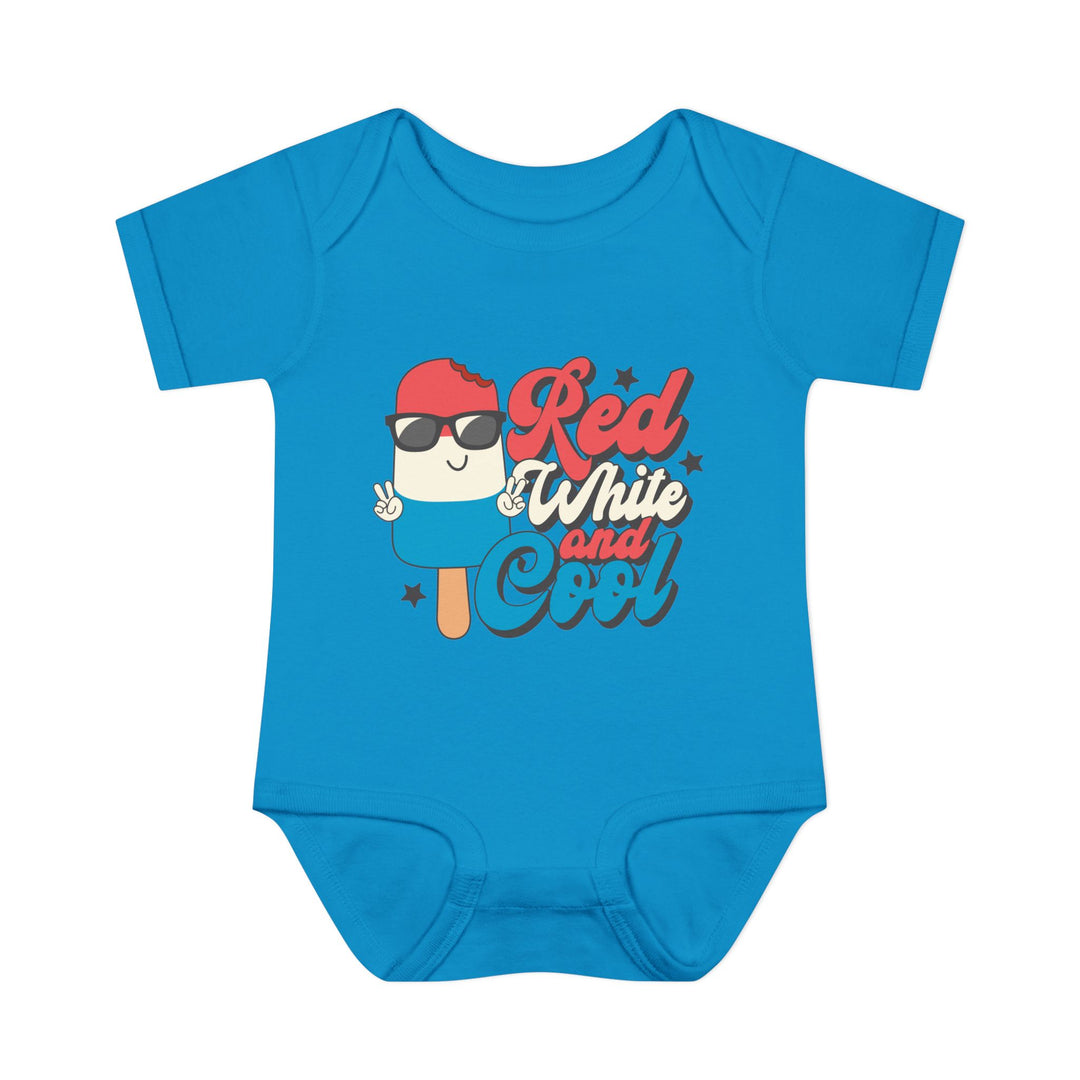 Infant 'Red White and Cool' onesie featuring soft, 100% ring-spun cotton with lap shoulders for easy adjustment, designed for comfort and fit.
