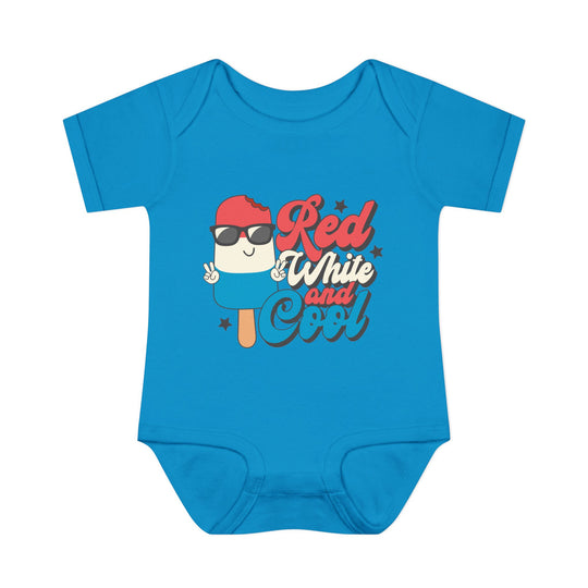 Infant 'Red White and Cool' onesie featuring soft, 100% ring-spun cotton with lap shoulders for easy adjustment, designed for comfort and fit.