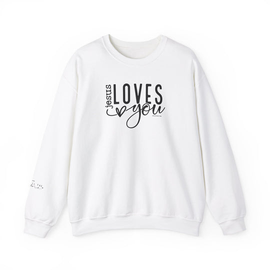 Unisex heavy blend crewneck sweatshirt featuring Jesus Loves You design. Made of 50% cotton and 50% polyester for comfort and durability. Classic fit with ribbed knit collar and tear-away label for itch-free wear.