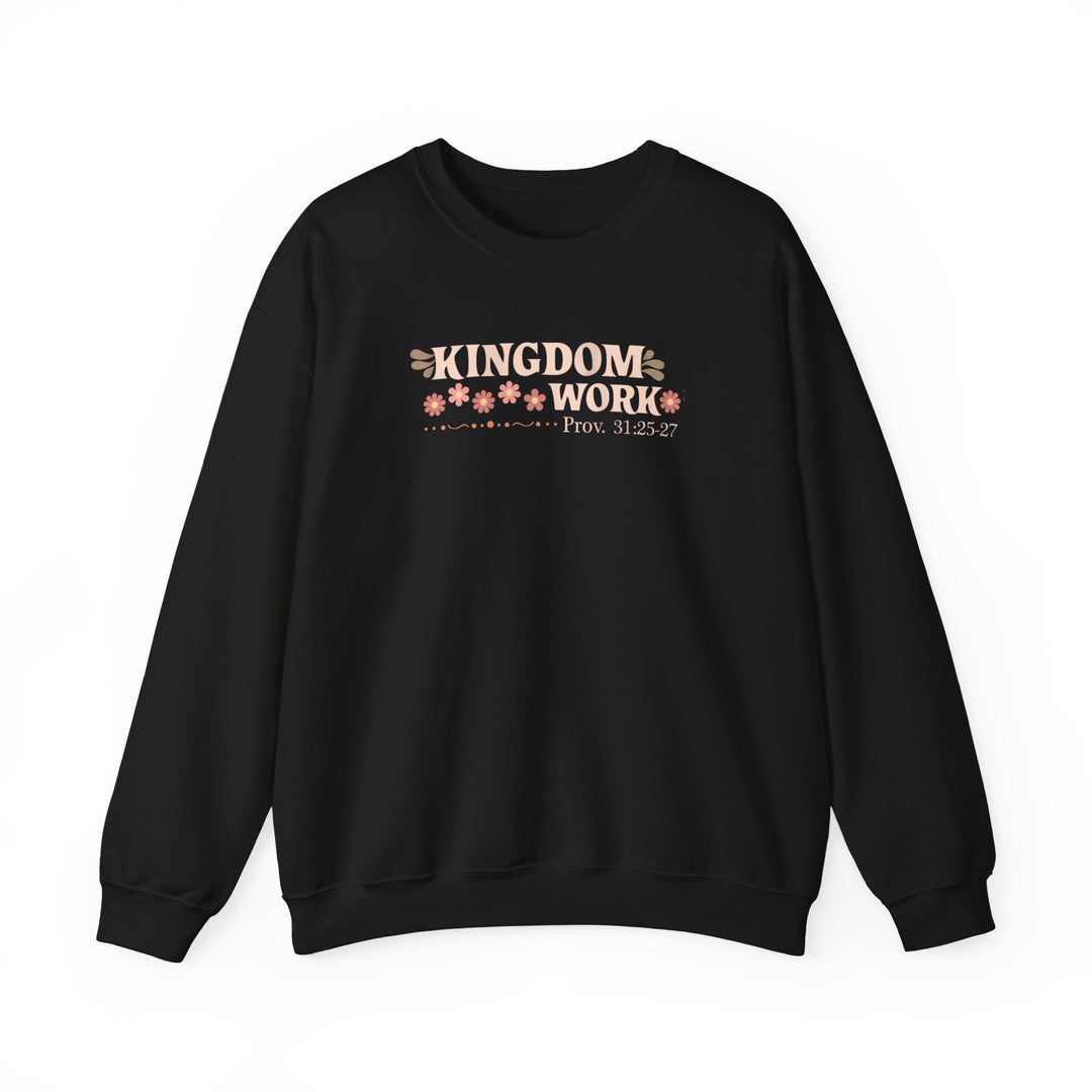 Motherhood Kingdom Work Crew sweatshirt with a retro KINGDOM WORK graphic and floral details, offering a comfortable, loose fit with durable ribbed collar.