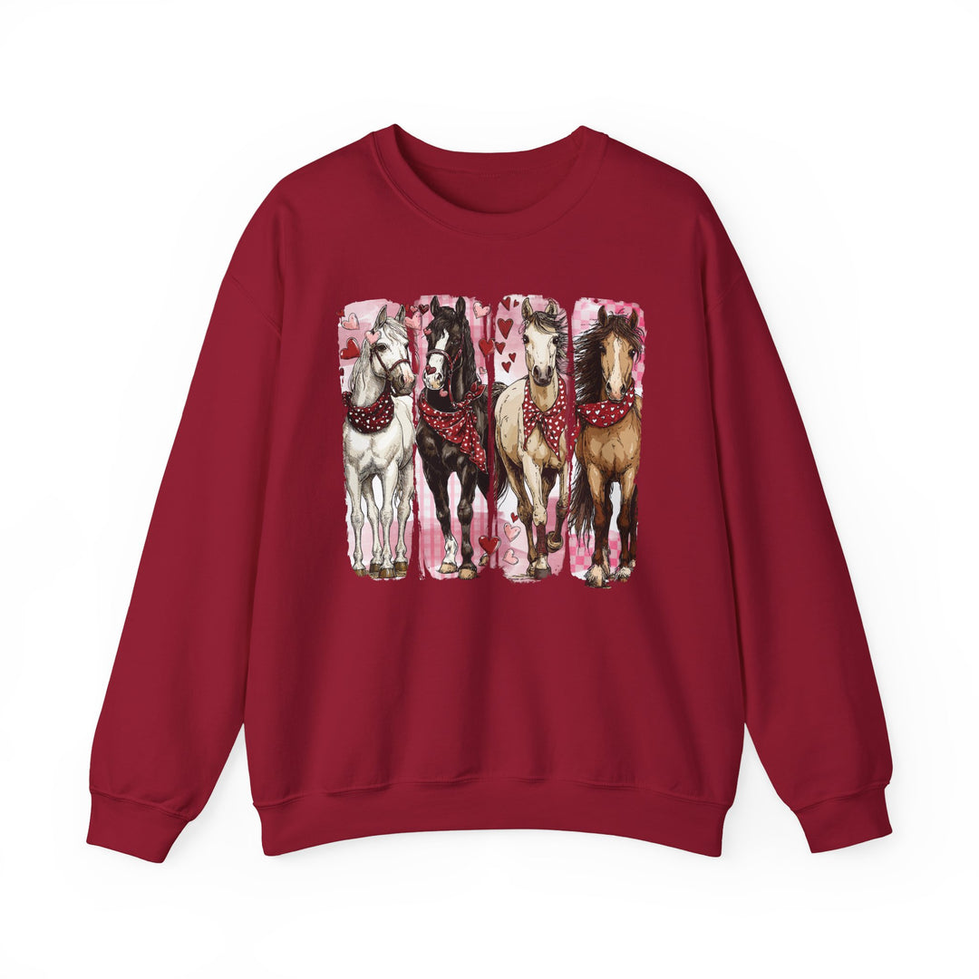 Horse Valentine Crew sweatshirt with four illustrated horses wearing red bandanas, set against a pink heart-decorated background, showcasing comfort and style in a unisex design.