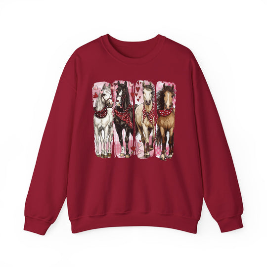 Horse Valentine Crew sweatshirt with four illustrated horses wearing red bandanas, set against a pink heart-decorated background, showcasing comfort and style in a unisex design.