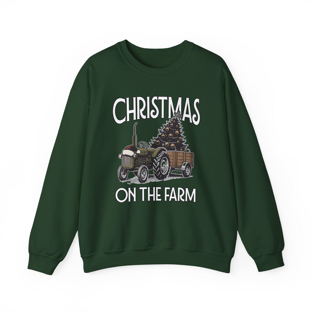 Dark-green Christmas on the Farm Crew sweatshirt featuring a festive tractor and Christmas tree graphic, ideal for cozy, stylish wear during colder months.
