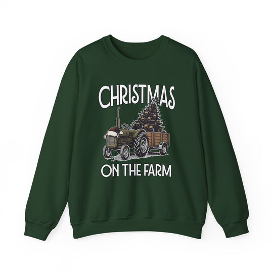 Dark-green Christmas on the Farm Crew sweatshirt featuring a festive tractor and Christmas tree graphic, ideal for cozy, stylish wear during colder months.