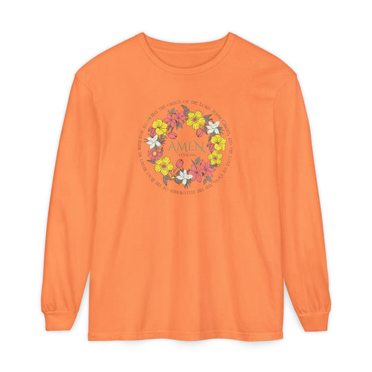Orange long-sleeve Amen tee featuring a floral wreath with 2 Corinthians 13:14 benediction, crafted from 100% ring-spun cotton for comfort and style.