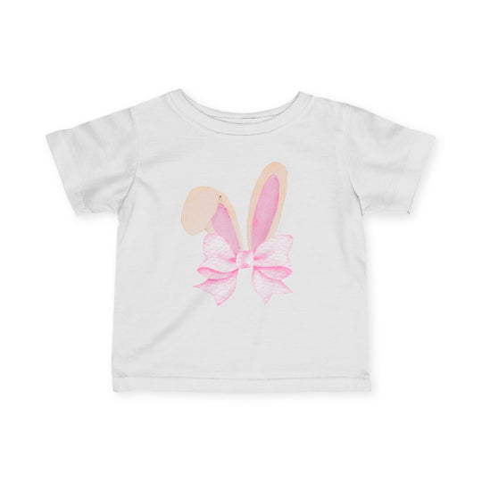 Bunny Bow Baby Tee: A white children's T-shirt with watercolor bunny ears and a pink bow, designed for comfort and durability with 100% combed cotton.