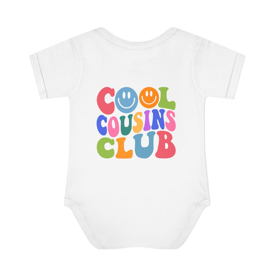 Infant bodysuit featuring Cool Cousins Club design, made from soft ring-spun cotton with lap shoulders for easy dressing, ideal for comfort and movement.