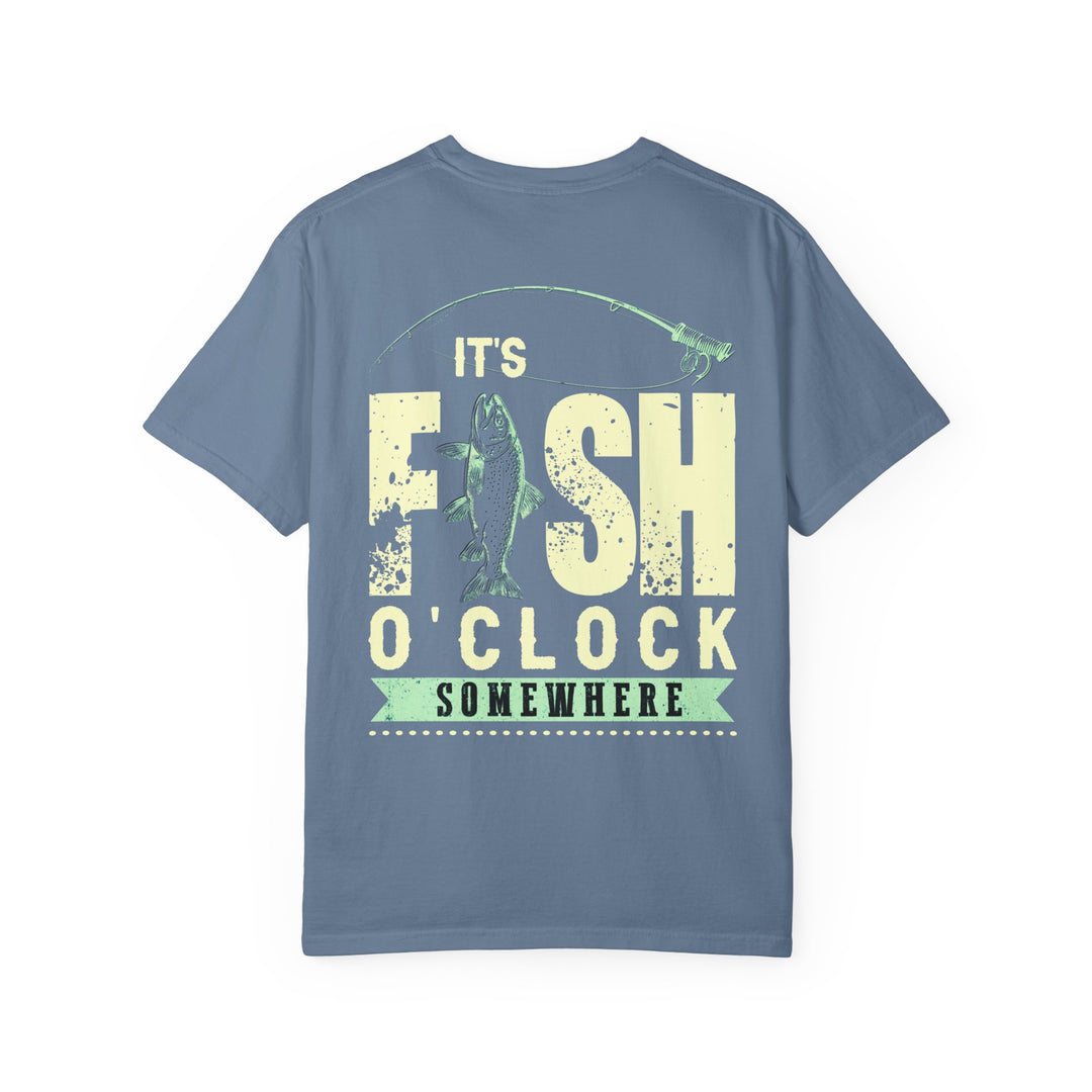 It's Fish O'clock Somewhere Tee; a relaxed-fit, durable, garment-dyed t-shirt made from 100% ring-spun cotton, perfect for casual wear.