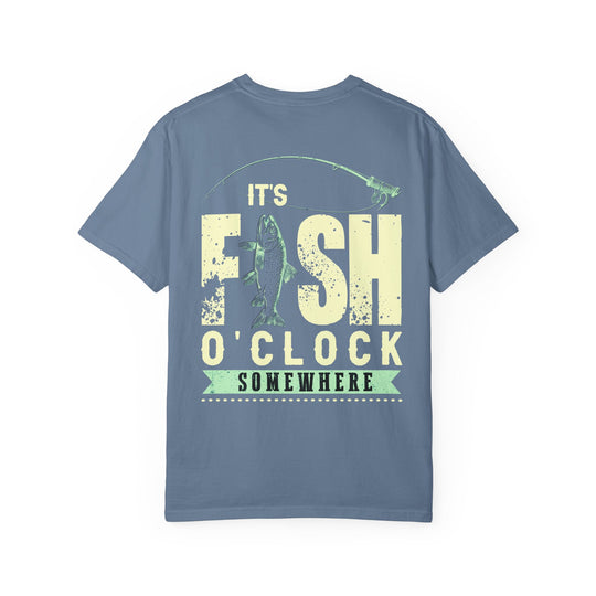 It's Fish O'clock Somewhere Tee; a relaxed-fit, durable, garment-dyed t-shirt made from 100% ring-spun cotton, perfect for casual wear.