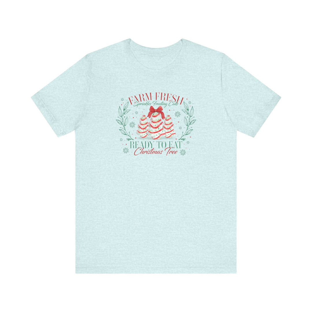 Farm Fresh Cookies Tee with holiday-themed cake slice trees and festive text, crafted on a soft, unisex short sleeve, perfect for Christmas celebrations.