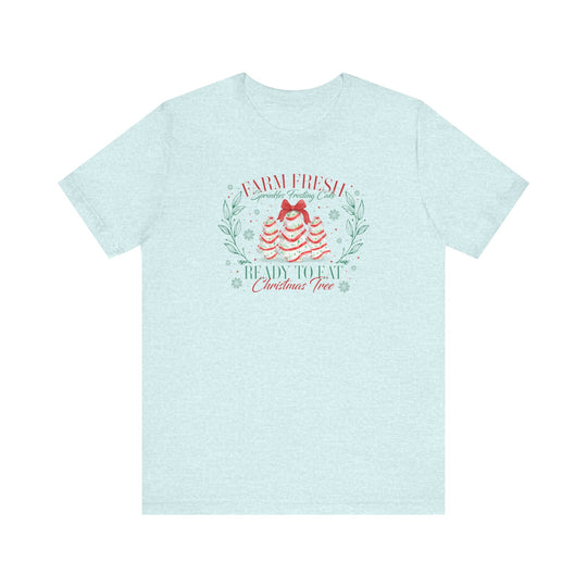 Farm Fresh Cookies Tee with holiday-themed cake slice trees and festive text, crafted on a soft, unisex short sleeve, perfect for Christmas celebrations.