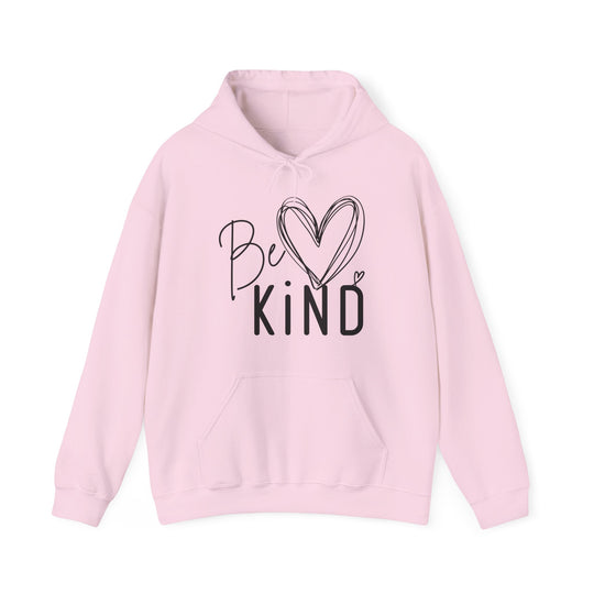 Light-pink Be Kind hoodie with kangaroo pocket, drawstring hood, and hand-drawn heart design, offering comfort and warmth with a cotton-polyester blend.