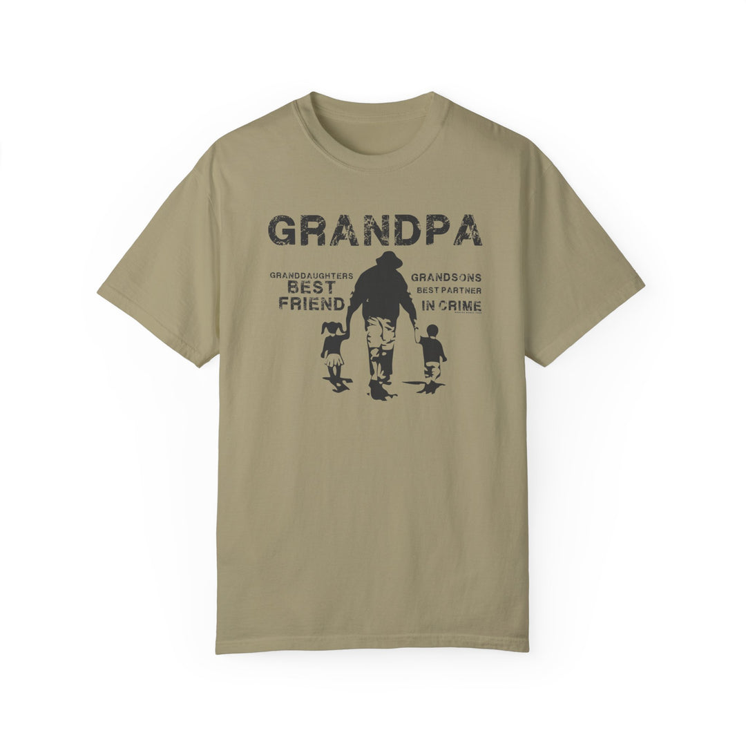 Grandpa and Grandkids Tee: Tan t-shirt with black text featuring a man and child silhouette. 100% ring-spun cotton, medium weight, relaxed fit, durable double-needle stitching, seamless design for comfort.