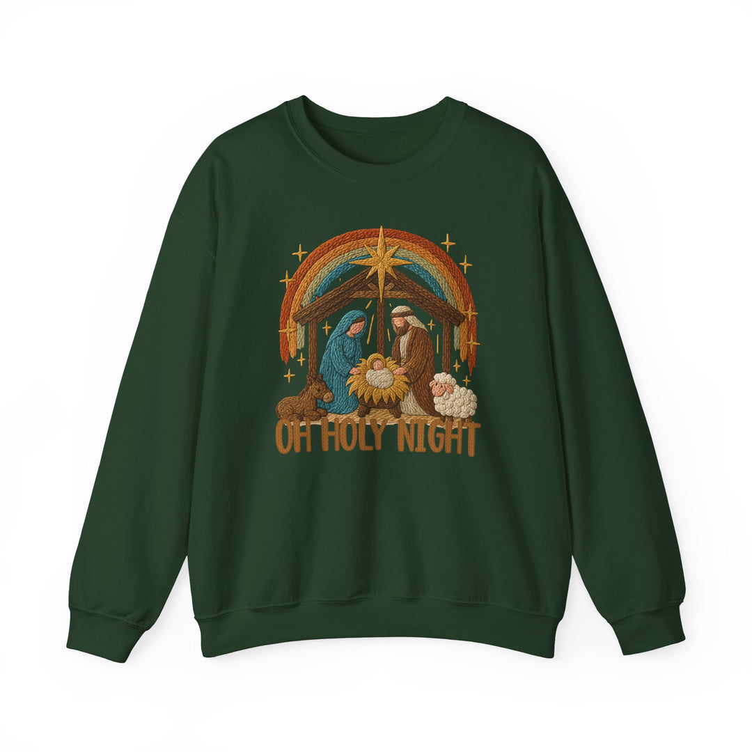 Oh Holy Night Crew: Dark-green sweatshirt with a wool-y nativity scene, including Mary, Joseph, baby Jesus, animals, a bright star, and the phrase OH HOLY NIGHT.