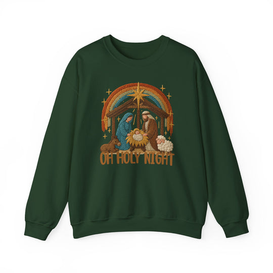 Oh Holy Night Crew: Dark-green sweatshirt with a wool-y nativity scene, including Mary, Joseph, baby Jesus, animals, a bright star, and the phrase OH HOLY NIGHT.