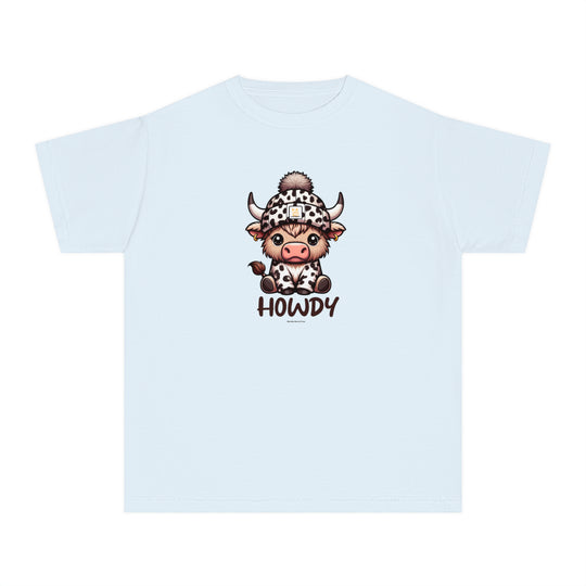 A white kid's tee with a cartoon cow design, perfect for active days. 100% combed ringspun cotton, soft-washed, and garment-dyed for comfort. Classic fit for all-day wear.