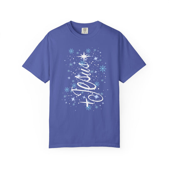 Royal-blue Jesus Tree Tee with wintery snowflake and starburst graphic in white script, showcasing comfort and style.