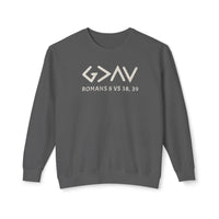 God is Greater Sweatshirt: A grey sweatshirt featuring white text, crafted from soft, ring-spun cotton. Offers a relaxed fit with sustainable, eco-friendly production.