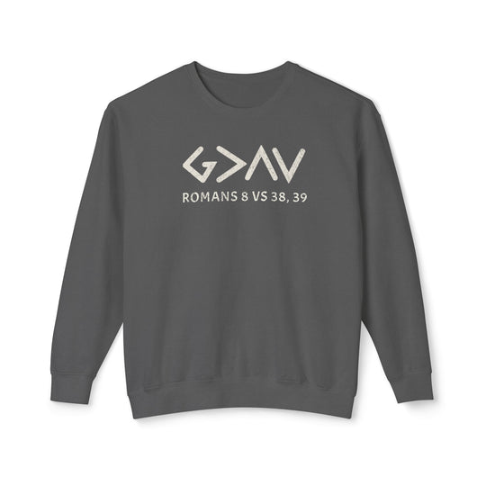 God is Greater Sweatshirt: A grey sweatshirt featuring white text, crafted from soft, ring-spun cotton. Offers a relaxed fit with sustainable, eco-friendly production.