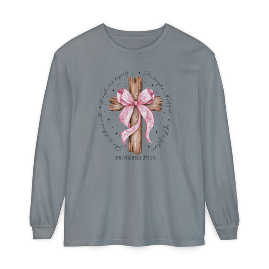 Proverbs 31:25 Long Sleeve Tee featuring a rustic cross with pink ribbon and script, crafted from soft, garment-dyed, 100% ring-spun cotton for comfort.