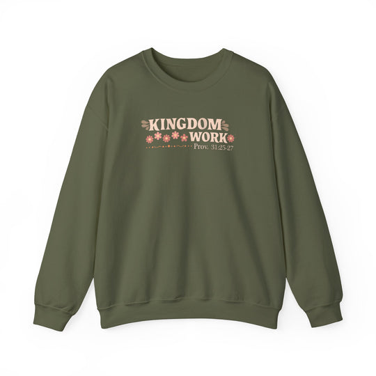 Motherhoood Kingdom Work Crew sweatshirt with KINGDOM WORK graphic and floral design on chest, suitable for comfort and style, highlighting Proverbs 31:25-27.