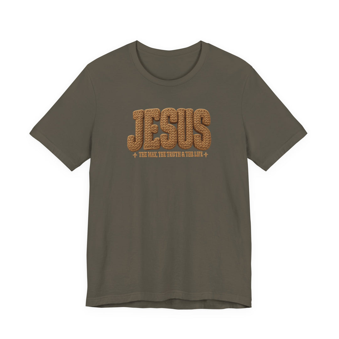 Jesus Tee: Olive-green short-sleeve shirt featuring JESUS in rope-texture and THE WAY, THE TRUTH & THE LIFE underneath, embodying Faith Family Designs' unique graphic style.