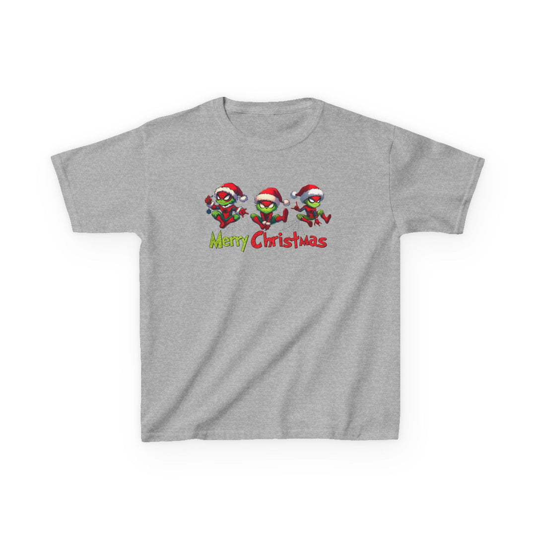 Spider Kids Tee: Heather-gray T-shirt with playful grinch-style characters in Santa hats and Merry Christmas in festive lettering, ideal for everyday wear.